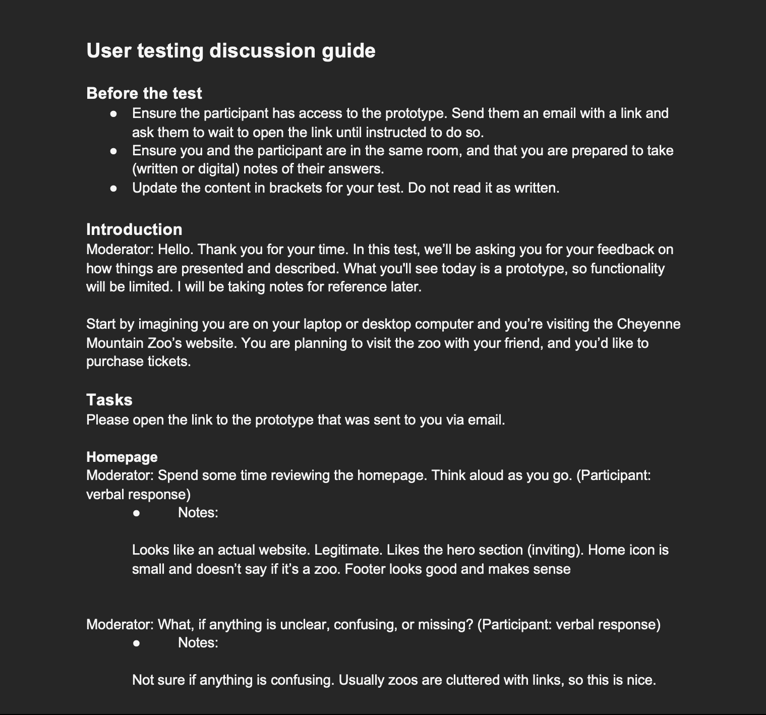 User testing notes